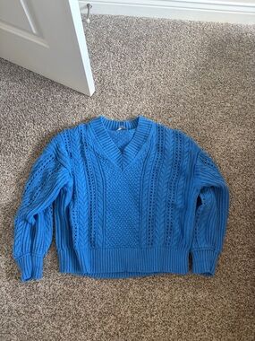 J. Crew Women’s Bright Blue Cable Knit V-Neck Sweater